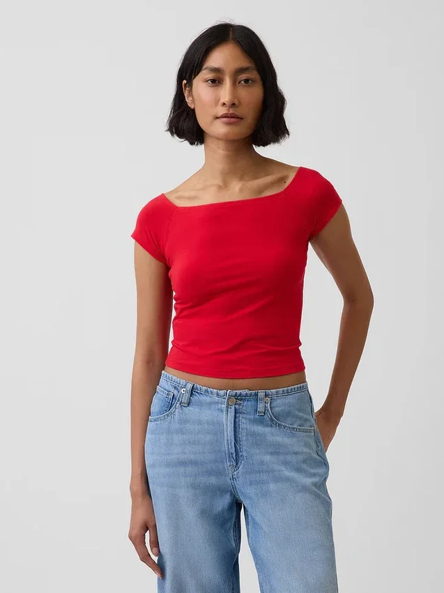 T-shirt court à épaules dénudées en jersey à mailles serrées