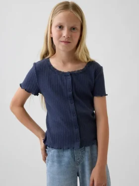 T-shirt enfant en maille pointelle côtelée à boutons sur le devant