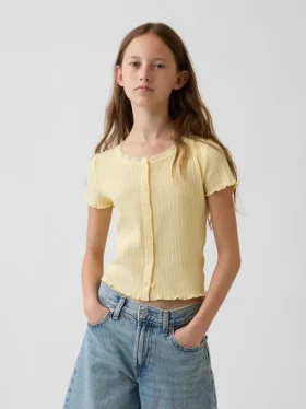 T-shirt enfant en maille pointelle côtelée à boutons sur le devant