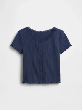 T-shirt enfant en maille pointelle côtelée à boutons sur le devant