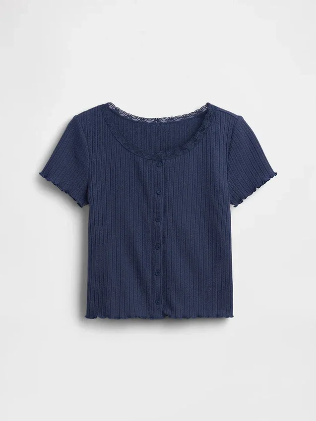 T-shirt enfant en maille pointelle côtelée à boutons sur le devant