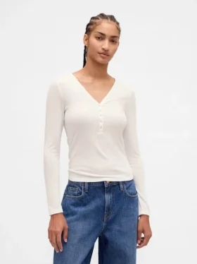 T-shirt Henley en maille côtelée transparente