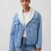 Veste en denim à col châle doublée en sherpa