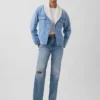 Veste en denim à col châle doublée en sherpa