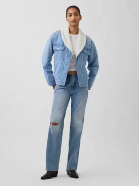 Veste en denim à col châle doublée en sherpa