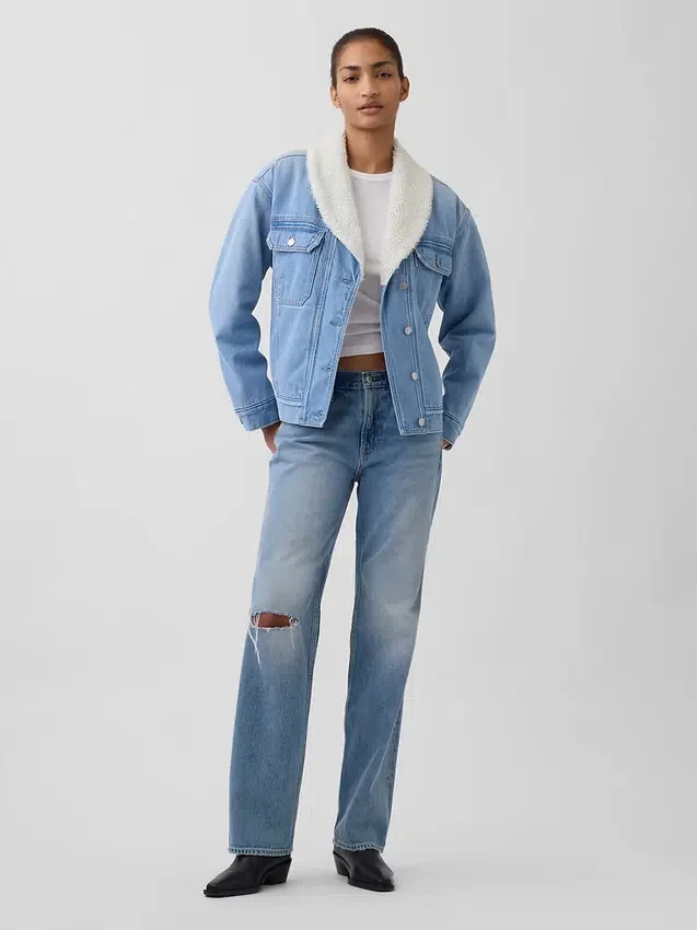 Veste en denim à col châle doublée en sherpa