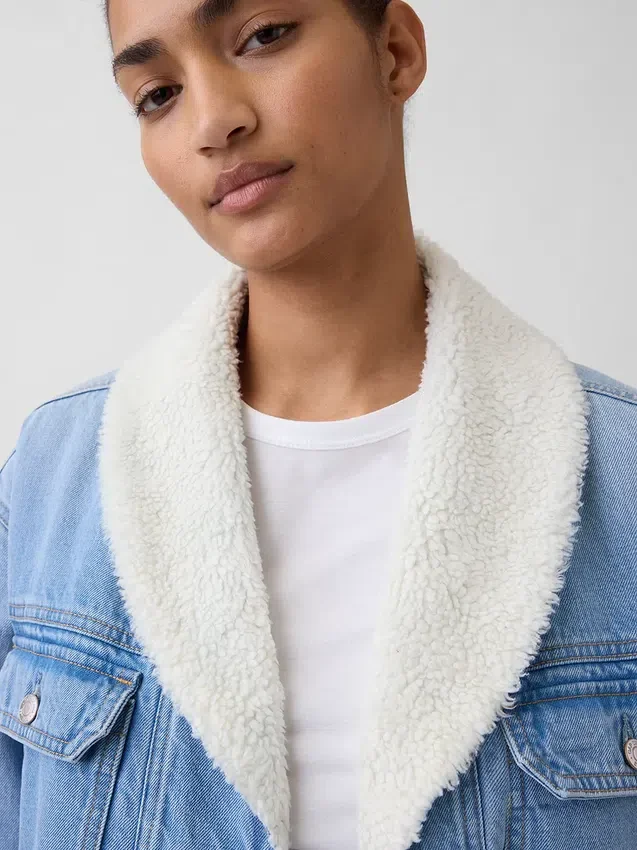 Veste en denim à col châle doublée en sherpa