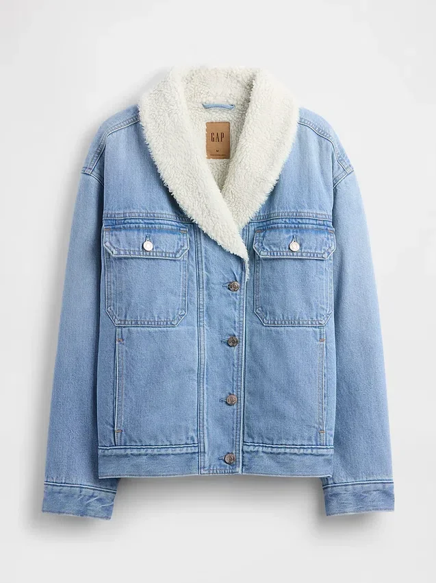Veste en denim à col châle doublée en sherpa