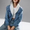 Veste en denim à col châle doublée en sherpa